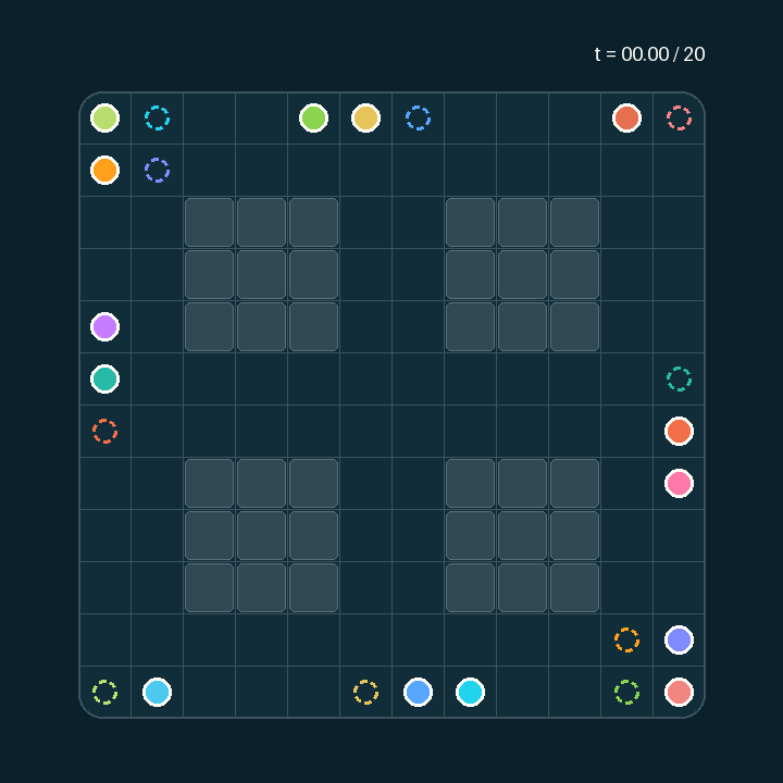 Animated 12-by-12 MAPF solution in which fourteen agents coordinate through shared corridors around four obstacle blocks without collisions